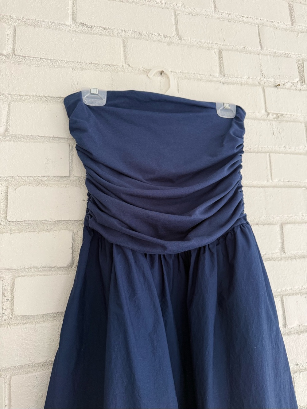 LOFT Navy Strapless Poplin Mixed Media Pocket Dress - Midi Length, Size Medium - Picture 4 of 6